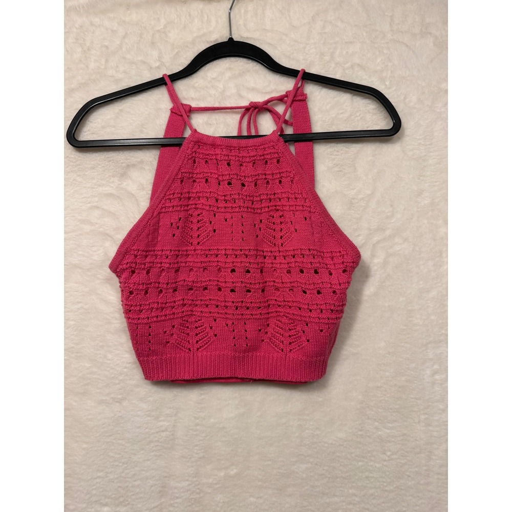 Hot Pink Crochet Knit Halter Top Womens Small Boho Pointelle Crop Tank Tie‎ Back